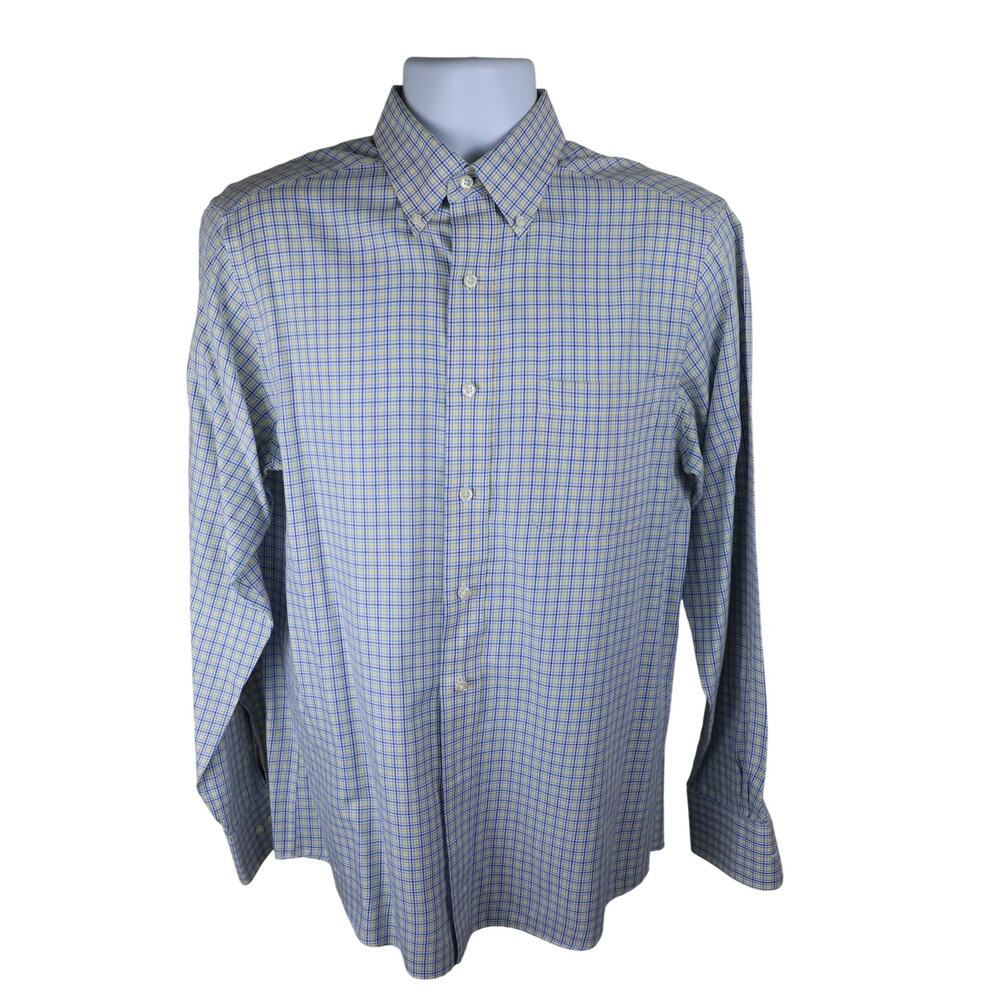 IZOD Mens XL Wrinkle Free Plaid Button Down Shirt Blue Yellow Cotton Blend